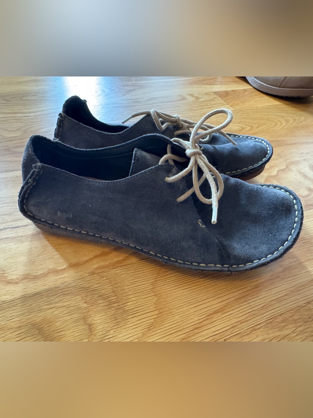 Clarks Women’s Suede Moccasins in grey blue with TanLaces; boho minimalist indie